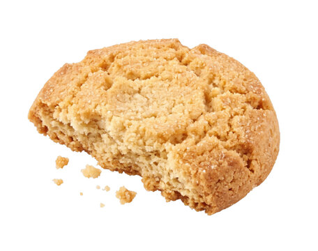 A single golden brown shortbread biscuit with a bite taken out isolated on white background