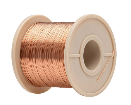 A spool of thin copper wire wound neatly on a plastic reel against a clean white background