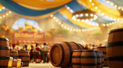 Obraz premium Traditional Oktoberfest Celebration with Beer Barrels and Crowd
