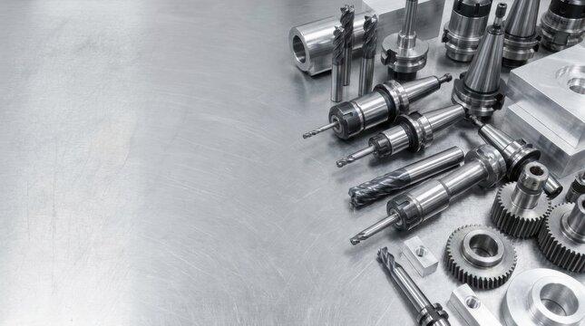 Assortment of metal machining tools including drills end mills and collets arranged on a textured metallic surface