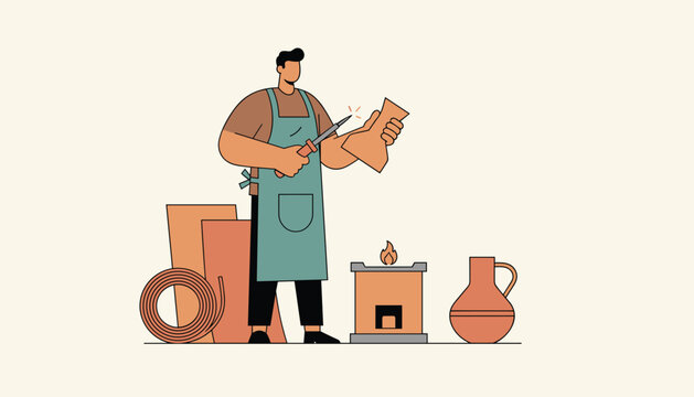 Coppersmith working with soldering iron on metal piece next to copper sheets and small furnace.