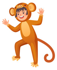 Funny kid in monkey costume. Happy dancing girl © ssstocker