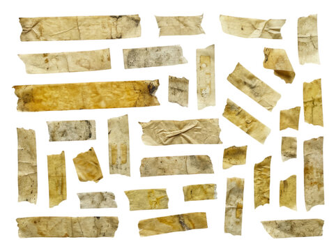 Collection of old aged masking tape pieces isolated on transparent background