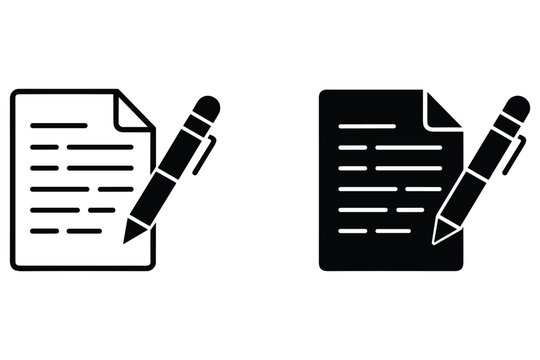 Document writing icon set featuring black outline and solid paper with pen for business editing