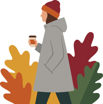 Flat Woman Walking in Autumn Park Holding Coffee Cup Vector Illustration   