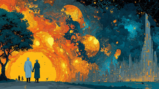 Illustration style of depicting humanity's choices amidst the climate crisis
