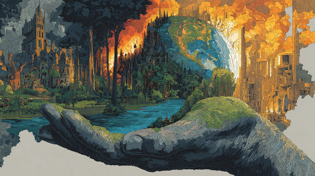 Illustration style of depicting humanity's choices amidst the climate crisis