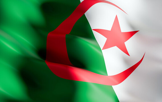 Waving Algeria Flag with Red Crescent and Star on Green and White Fabric, Realistic Algerian National Flag with Soft Folds, North African Country Background