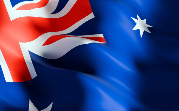 Waving Australia Flag with Union Jack, Commonwealth Star and Southern Cross, Realistic Australian National Flag Fabric with Soft Folds and Flowing Cloth Background