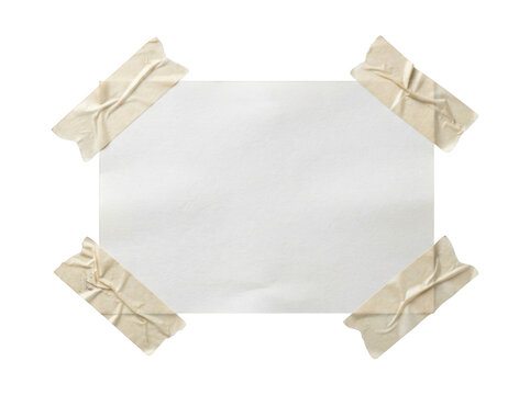 Blank paper sheet held at four corners by masking tape isolated on transparent background