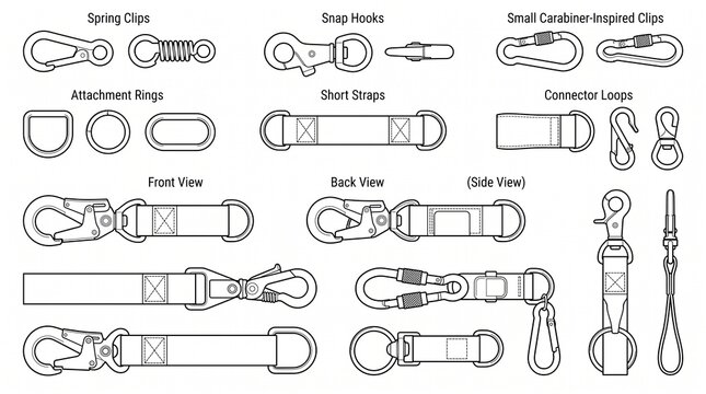 Collection of Hardware Clips, Snap Hooks, and Carabiners Technical Drawing Line Art Vector Illustration