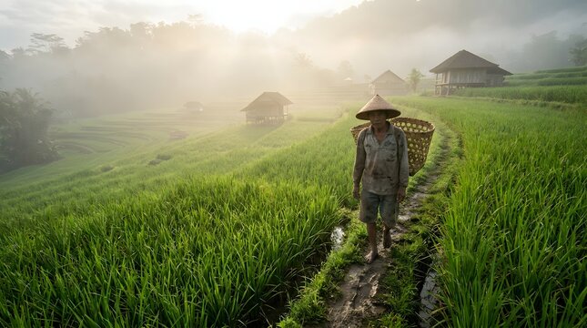 Farmer with conical hat walking through green rice paddies at sunrise