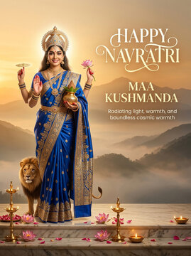 Happy navratri illustration of goddess maa kushmanda holding lotus flowers
