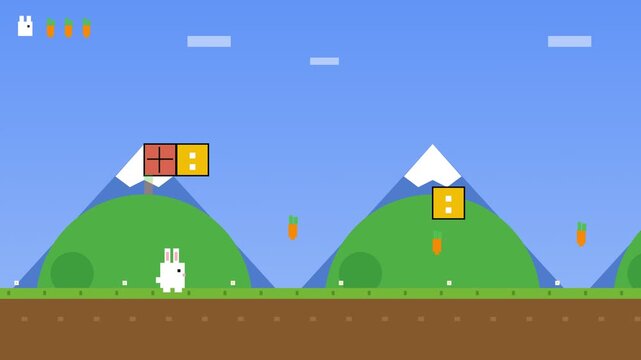 Pixel Art Easter Rabbit Character Platformer Game Animation Showing Cute Bunny Collecting Carrots In A Colorful Retro World For Casual Gaming Concept