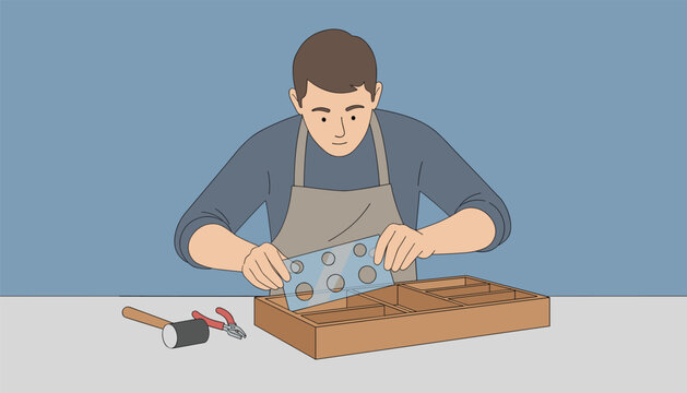 Craftsman in apron aligns transparent acrylic template grid inside custom wooden drawer organizer box.