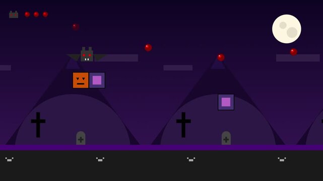 Pixel Art 2D Platformer Game Animation Featuring A Moving Square Character In A Dark Haunted Spooky Cemetery Landscape For Digital Entertainment