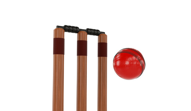 Red Shiny Cricket Leather Ball in Front of Wooden Stumps and Bails Professional Cricket Sports Action Photo