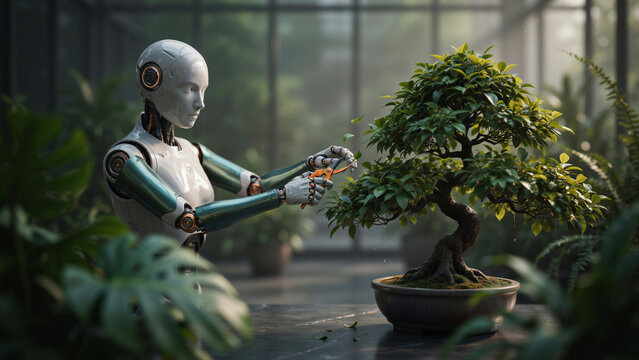 Humanoid robot using small shears to carefully prune a miniature bonsai tree in a greenhouse