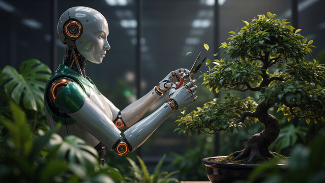 Humanoid robot using small shears to prune a miniature bonsai tree in a bright greenhouse