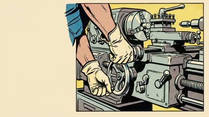 Fototapeta premium Craftsman with gloved hands operating a metal lathe in a workshop specialized tools