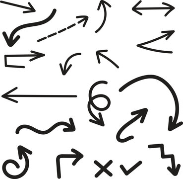 Set of hand drawn black arrows and pointing signs isolated on a white background