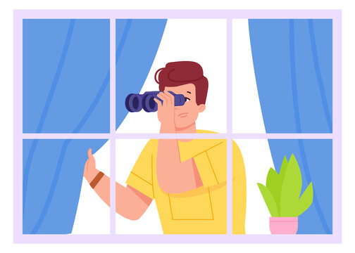 Neighbor spying with binoculars. Watching man in window frame