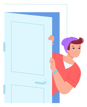 Guy look from open door. Young neighbor character