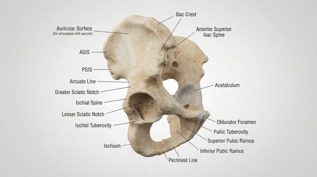 Anatomical diagram of the human pelvic bone with labels illustration