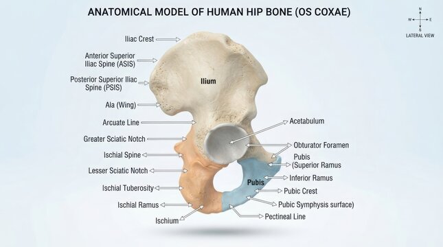 Anatomical diagram of human hip bone with labels illustration
