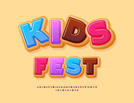 Vector Playful banner Kids Fest. Cute set of Delicious Alphabet Letters and Numbers. Sweet Cake Font.