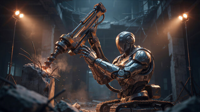 Metallic robot using a heavy jackhammer to break concrete in a dark ruined industrial building