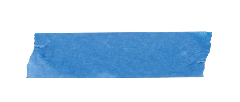 Single strip of blue painter tape isolated on a clean white background for design projects