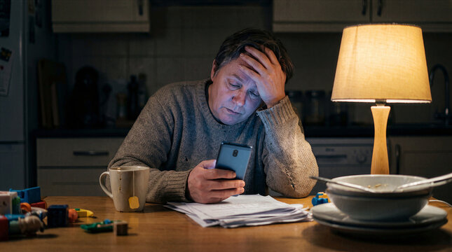 Stressed mature person using smartphone at kitchen table late night struggling with digital fatigue and technological burnout experiencing mental exhaustion overwhelmed by work emails and constant