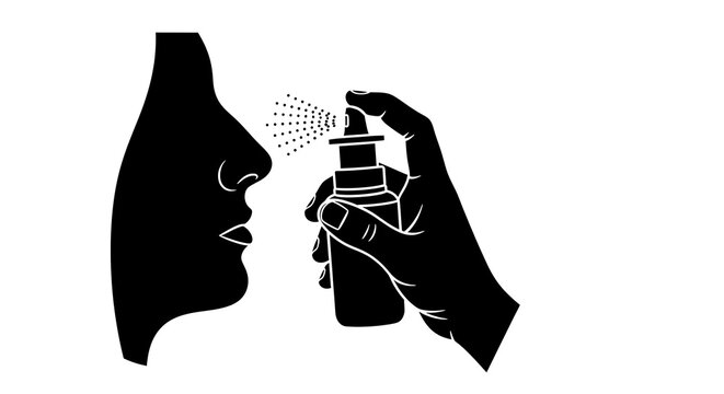Black silhouette of a person using a nasal spray on transparent background