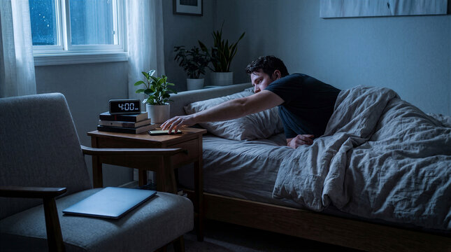 Digital Fatigue Stressed Man Waking Up Early Reaching For Phone At 4am Nightly Tech Burnout Exhaustion Disconnect Anxiety Mental Health Crisis Screen Addiction Modern Lifestyle Stressful Bedtime Habit
