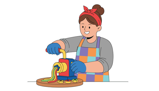 Woman wearing blue gloves and red headband cranks a colorful clay extruder machine to make playful shapes.