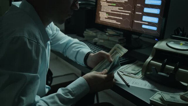Caucasian young man counting US dollar bills beside computer showing transfer interface. Perfect for cybersecurity projects, fraud prevention videos, or cybercrime awareness content
