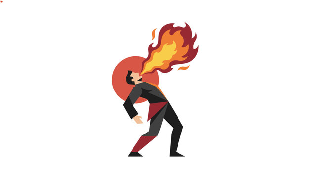 Skilled artist performing a dangerous fire breathing stunt with bright flames erupting from his mouth in front of a red circle.