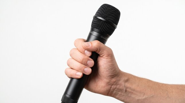 Dynamic black microphone held firmly in a human hand, ready for a powerful performance or public speaking event. A versatile audio recording tool, perfect for broadcasting, interviews