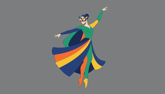 Elegant masked dancer performs an energetic leap wearing a vibrant multicolored costume and mask.