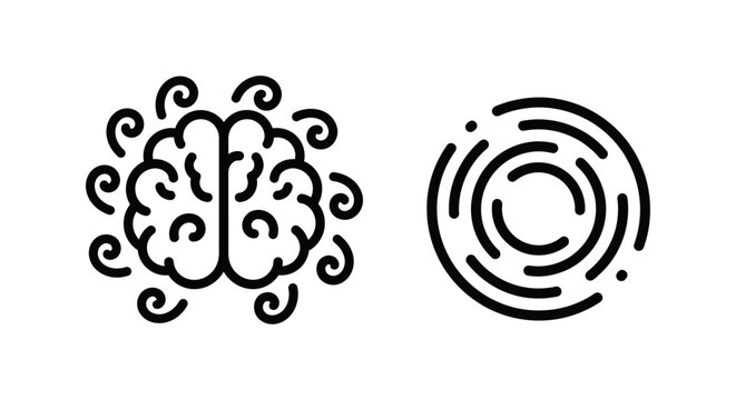 Line art icons of a human brain with swirling patterns and concentric circular ripples thinking cognition intelligence psychology attention abstract minimalist graphics headspace