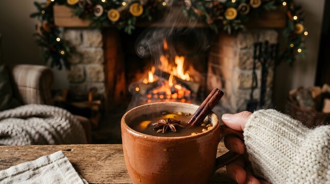 Warm and inviting winter atmosphere featuring a comforting beverage near a glowing fireplace adorned with festive holiday decorations and plush soft fabrics