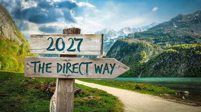 Happy New Year 2027 Route 66 road sign directing travel through scenic green nature park and mountain danger zone under open sky