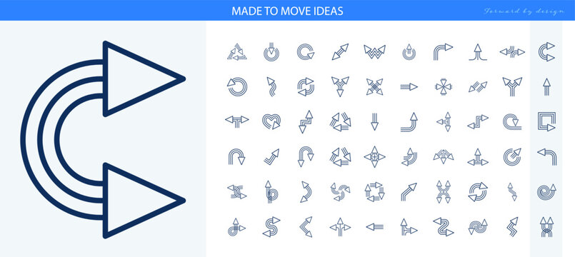 Arrows with parallel lines and open triangular heads for navigation and flow diagrams, vector icon collection of curved paths and circular loops for process infographics and directions
