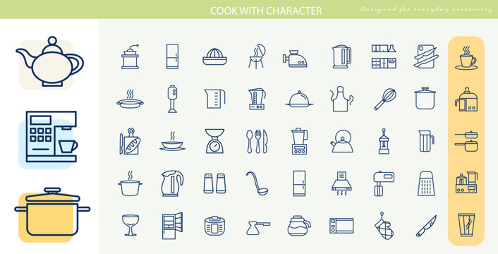 Kitchen utensils and cooking appliance icons with pots and cutlery for recipe guides, vector outline collection of cookware and beverage equipment for restaurant menus and culinary websites