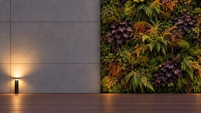 An elegant terrace arrangement. On the right, a vertical wall garden featuring autumn mosses, ferns, and dark heucheras; on the left, a plain, smooth wall made of large-format concrete panels&mdash;a space 