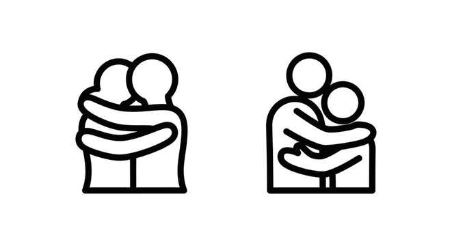 Simple line art icons showing two stylized figures embracing in a hug with affection togetherness minimalist illustration friendship relationship kindness solidarity humanity