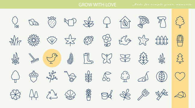 Gardening icons with plants and tools alongside birds and insects in a vector outline set, nature symbols for plant care guides and ecology infographics with leaves and flowers