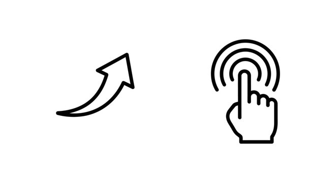 Minimalist line icon set displaying a movement arrow and a hand touch action signal with movement interaction pointing graphics navigation interface direction progress pictogram