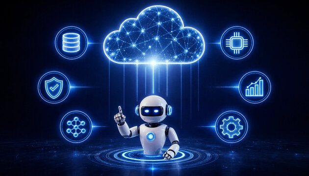 Futuristic robot interacting with glowing digital cloud computing icons and data analytics interface